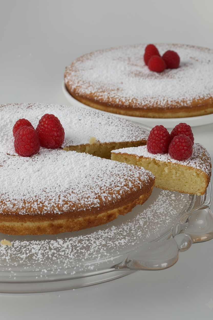 A dark, low-light photo of two round cheesecakes dusted with powdered sugar and garnished with fresh raspberries, served on clear glass cake stands.