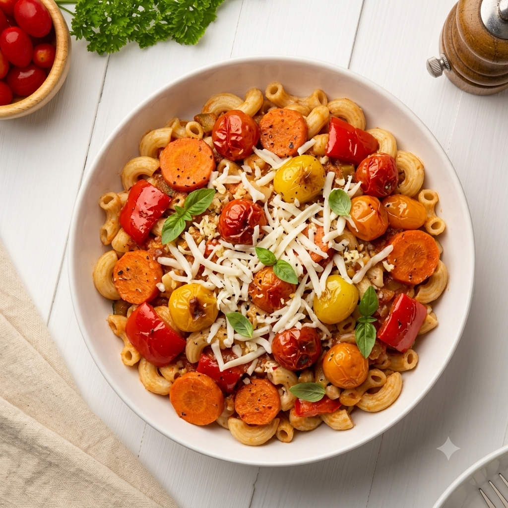 Vegan Garlic Roasted Veggie & Tomato Pasta
